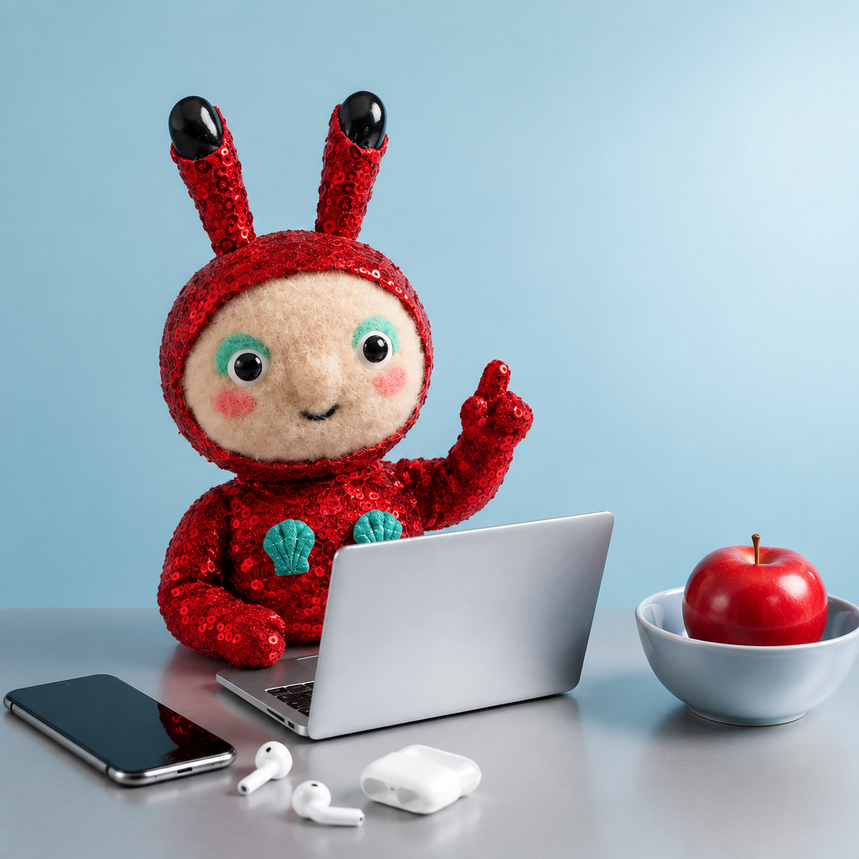 Glitter Devil at a silver laptop beside a phone, earbuds, and a red apple